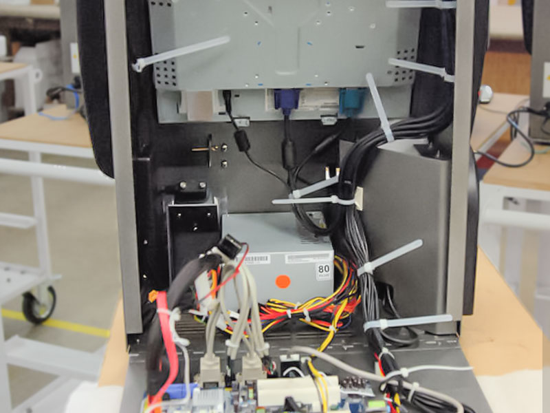 A kiosks components are installed and all electrical wiring in place during testing.